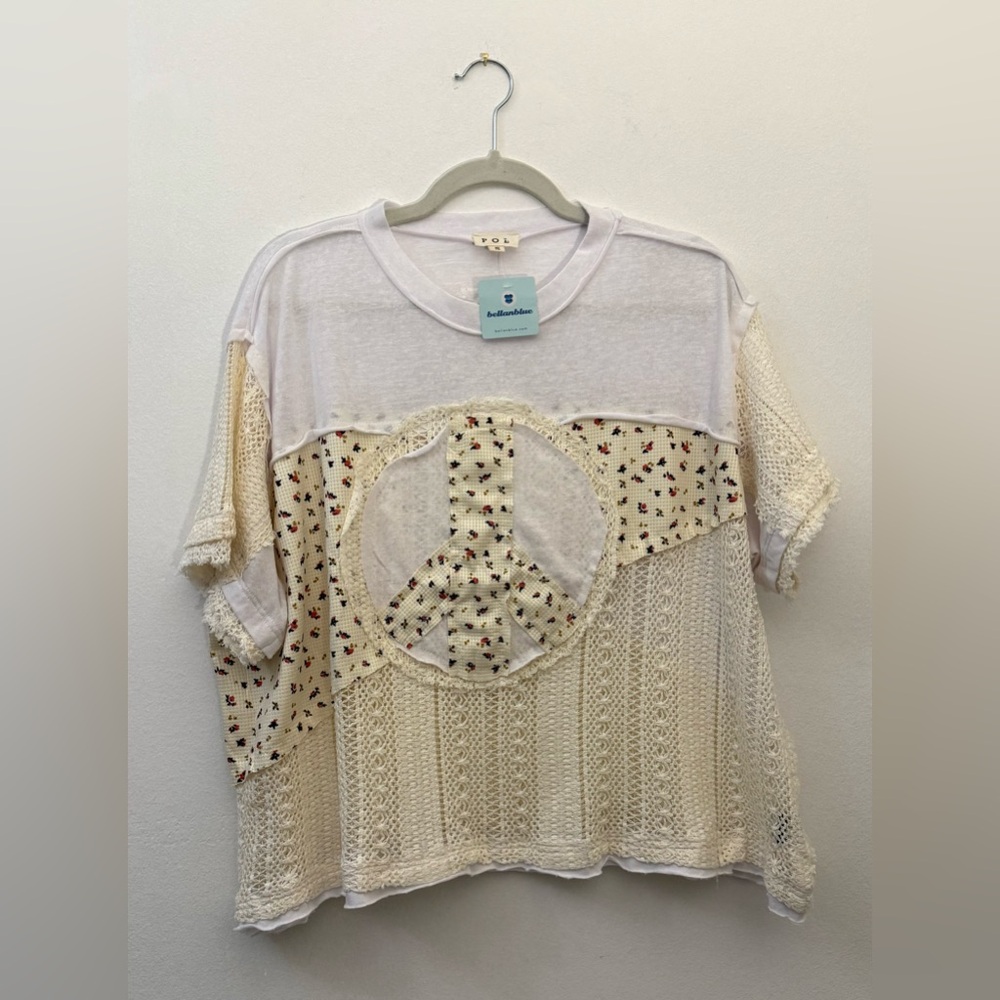 POL Peace Be With You Oversized” Boho Top Sz S NWT’s - Picture 2 of 4